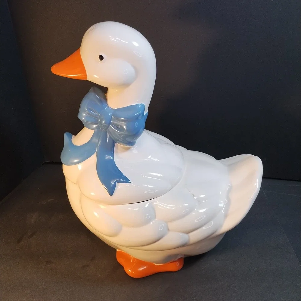 Vintage Mother Goose Cookie Jar White Ceramic Blue Bow Orange Beak LG Farmhouse